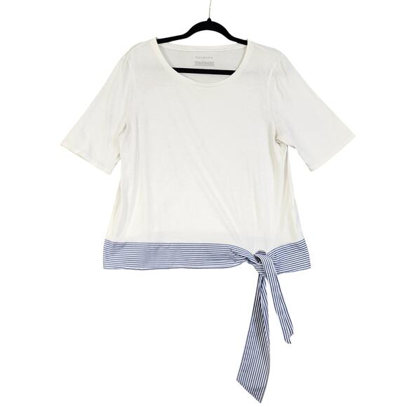 Talbots Womens Elbow Sleeve Tee Size Large White Blue Striped Hem Bow Tie Cotton - Picture 2 of 9